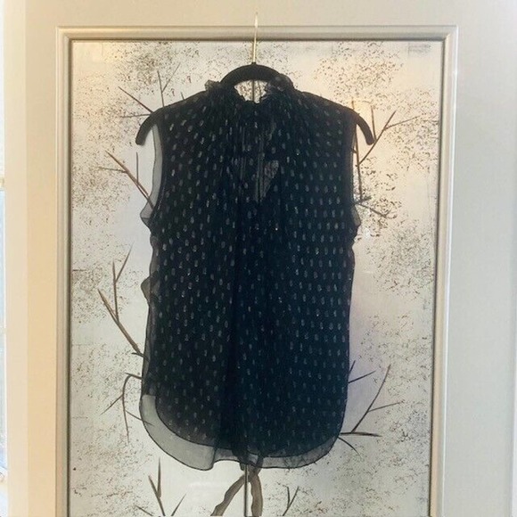 Rebecca Taylor $298 Women's 0 XS Black Metallic Print Ruffle Tie Neck Blouse - Picture 4 of 9